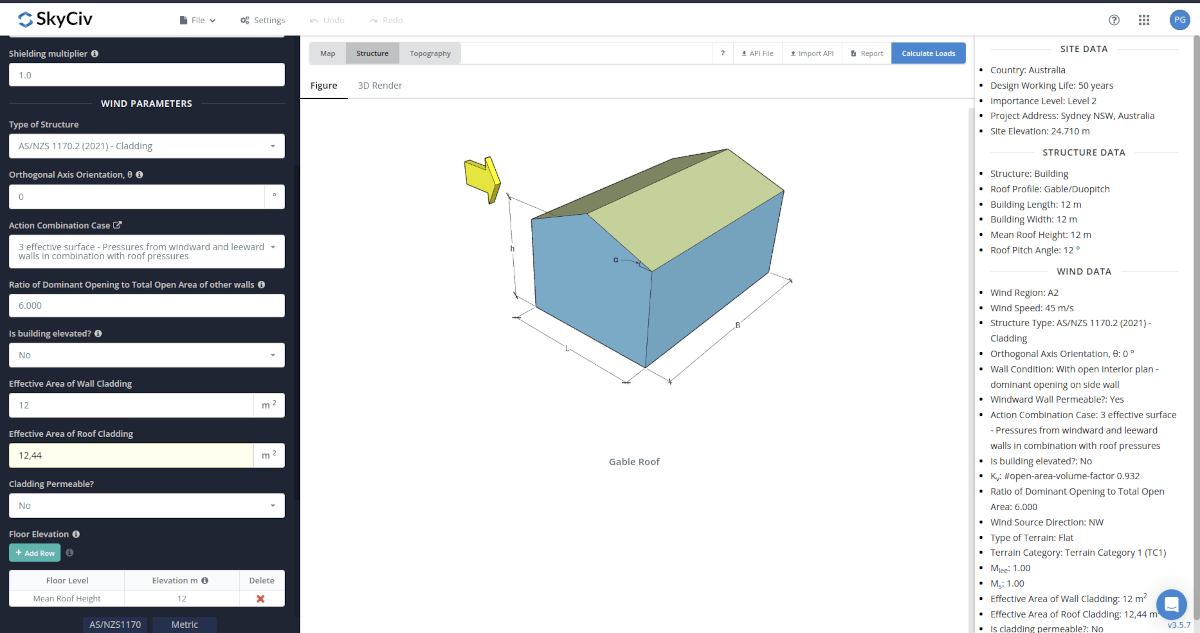 Wind parameters for components and cladding