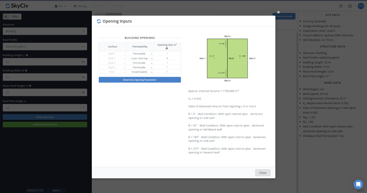 Building Openings data for wind load calculation