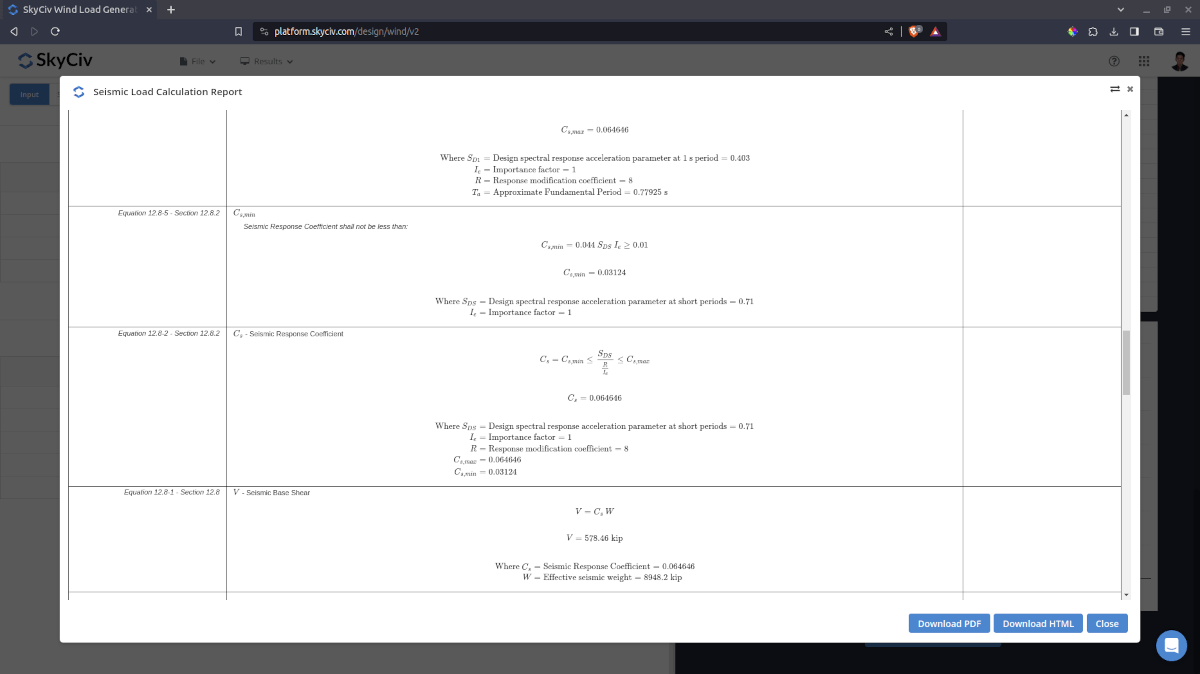 Detailed seismic load calculation report from SkyCiv Load Generator