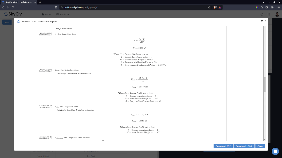 Detailed Seismic Load calculation report from SkyCiv Load Generator