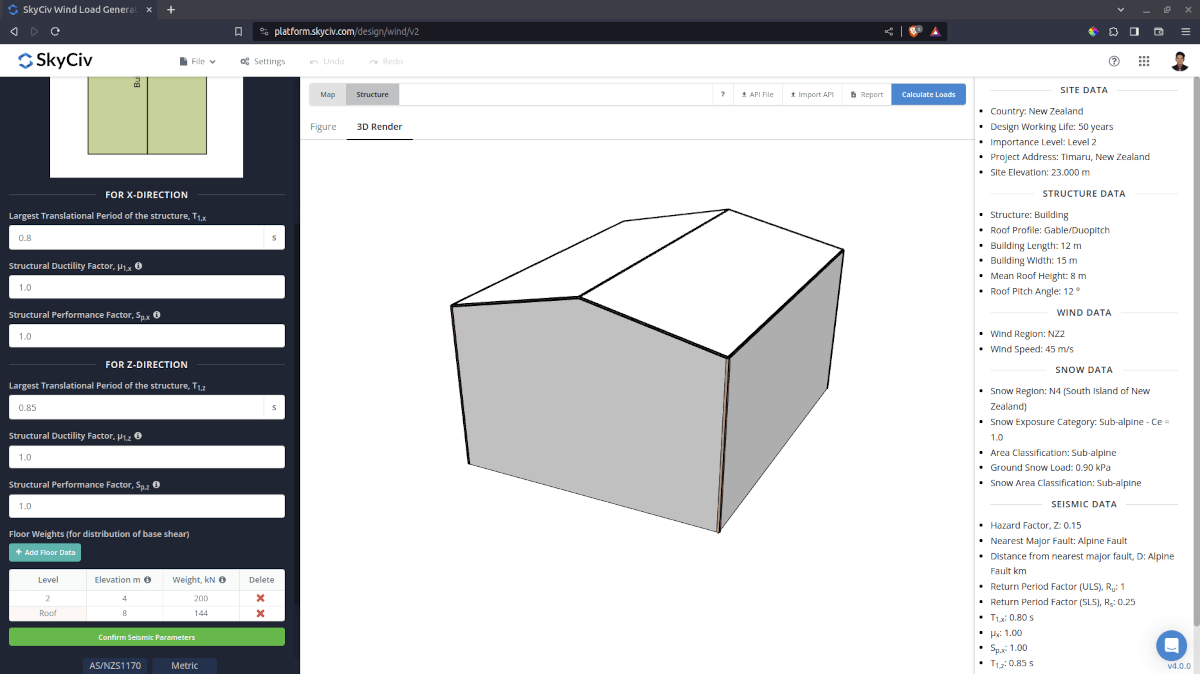 Seismic load input parameters for SkyCiv Load Generator