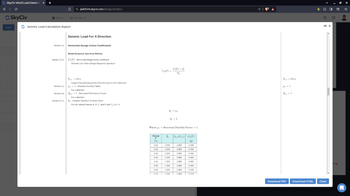 Detailed seismic load calculation report from SkyCiv Load Generator