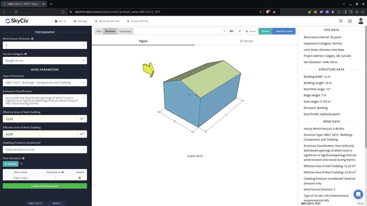 Wind parameters for components and cladding in SkyCiv Load Generator