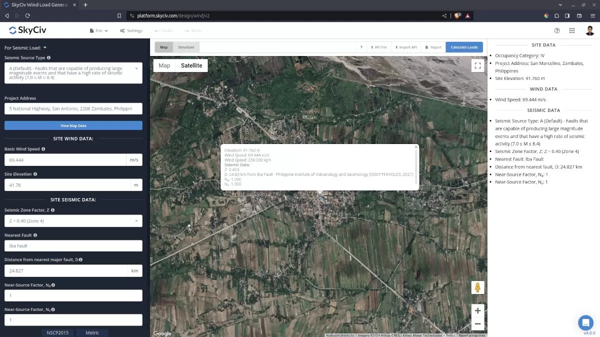 Site Seismic Parameters from SkyCiv Load Generator UI